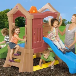 Step2 Aire De Jeux Pour Enfants Play Up : 2 Toboggans + Mur D'Escalade -Jardelix Soldes Magasin aire jeu enfants cabane play up double slide climber deux toboggans plateforme 3