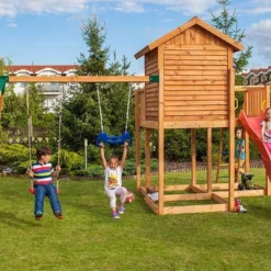Aire De Jeux Move MySide : Cabane + Toboggan + Portique Balançoires