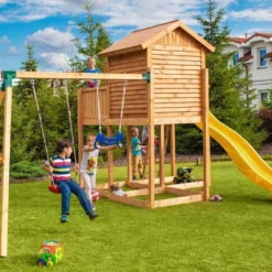 Aire De Jeux Move MySide : Cabane + Toboggan + Portique Balançoires -Jardelix Soldes Magasin aire jeux bois fungoo move myside toboggan portique cabane