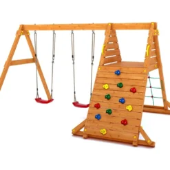 Aire De Jeux En Bois De Pin Traité Balançoires + Escalade Spider King
