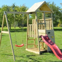 Aire De Jeux En Bois Brut Portique Balançoire Et Toboggan – 7,8 M²