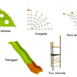 Aire De Jeux EVO-Kids Avec 5 Agrès -Jardelix Soldes Magasin aire jeux evo kids pont toboggan tour toile araignee 2