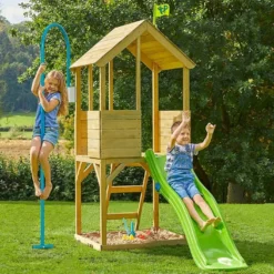 Aire De Jeux En Bois Avec Barre De Pompier Et Toboggan - Treehouse