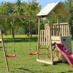 Aire De Jeux En Bois Non Traité Avec Portique Double Et Toboggan - 9,8 M²