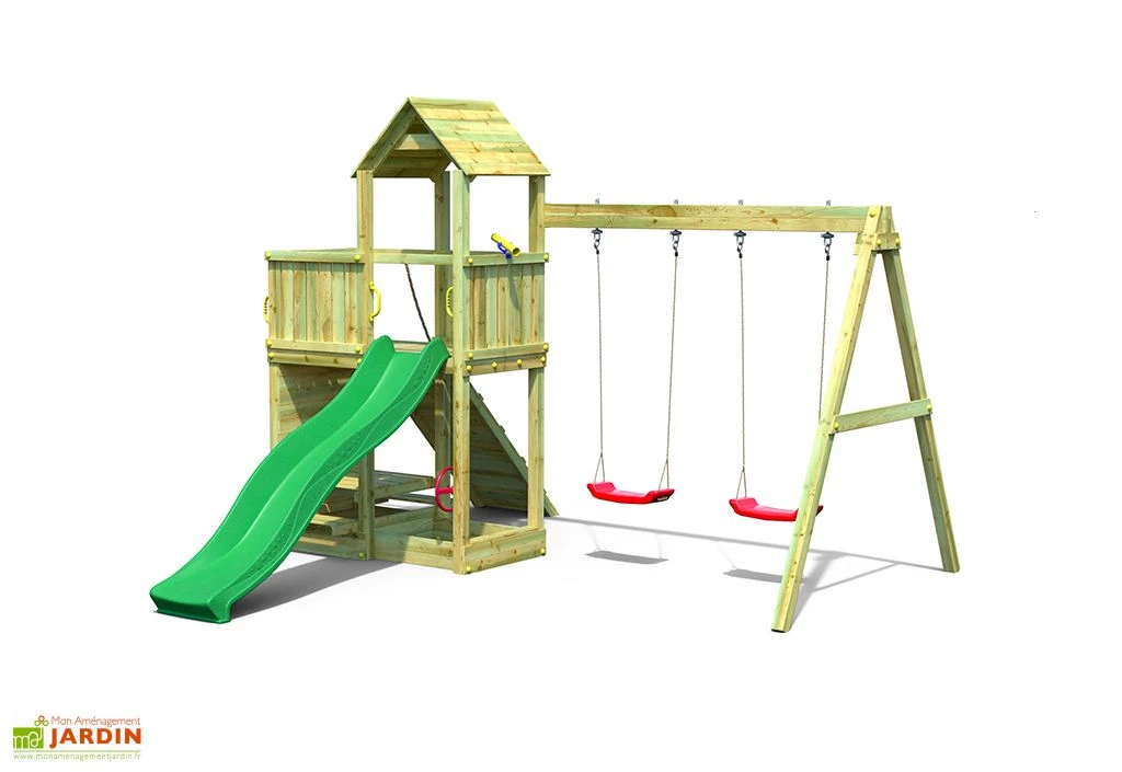 Aire De Jeux Avec Portique En Bois De Pin Traité 2 Balançoires Floppi 3 Aire De Jeux Avec Portique En Bois De Pin Traité 2 Balançoires Floppi