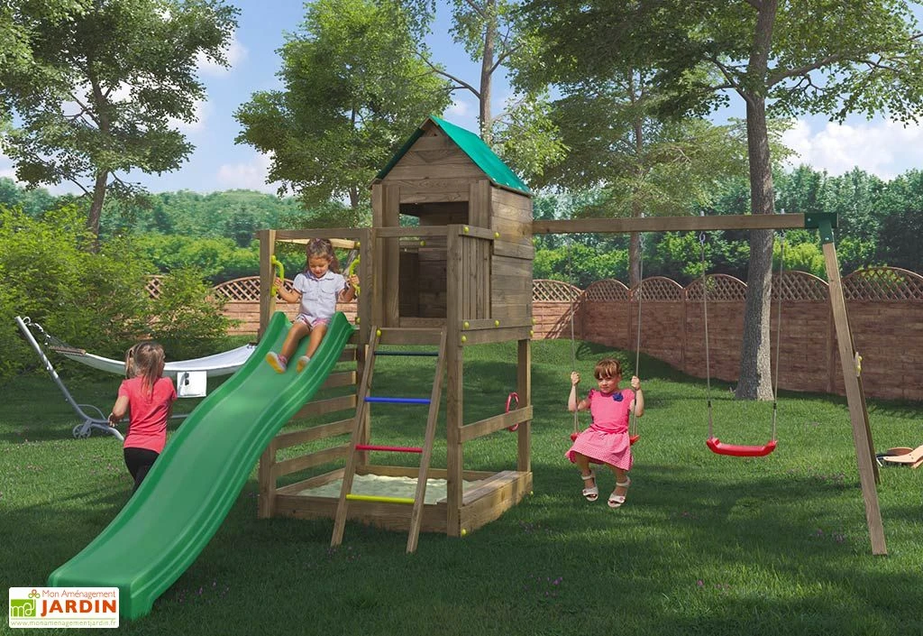 Aire De Jeux Avec Portique En Bois De Pin Traité 2 Balançoires Jarcas 4 Aire De Jeux Avec Portique En Bois De Pin Traité 2 Balançoires Jarcas – Image 2