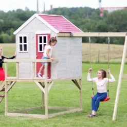 Maisonnette Pour Enfant En Bois Brut Avec Portique Balançoire Zèbre -Jardelix Soldes Magasin cabane enfant bois portique balancoire zebre