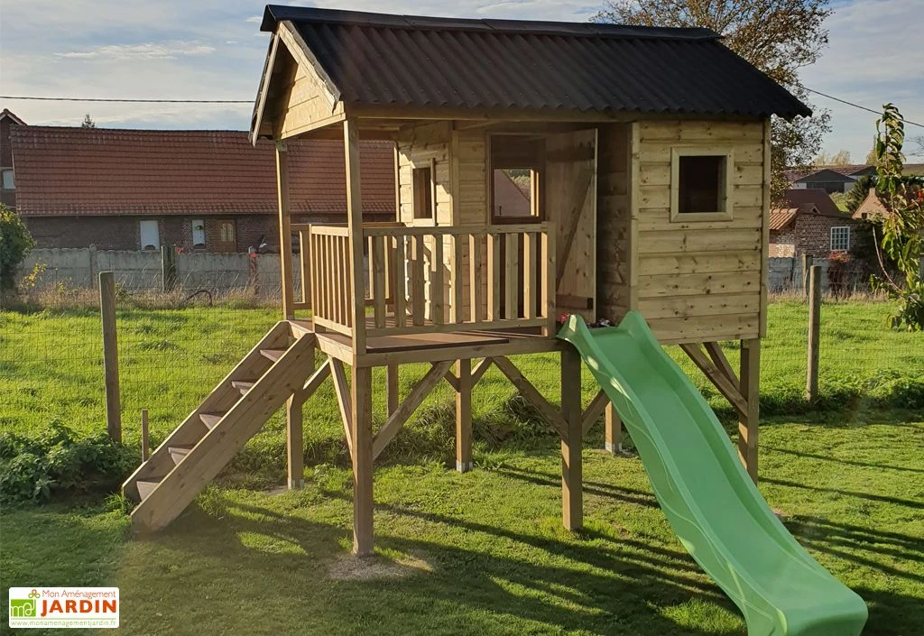 Maison Pour Enfant En Bois Autoclave Avec Toboggan Et Balançoires - Pin 4 Maison Pour Enfant En Bois Autoclave Avec Toboggan Et Balançoires - Pin – Image 2
