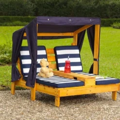 KidKraft Chaise Longue Double En Bois Pour Enfant + Auvent Et Coussins Bleus