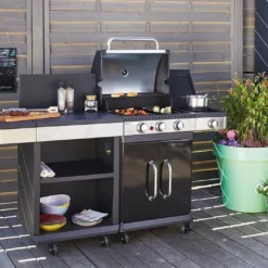 Cuisine D'extérieur Avec Desserte Et Barbecue Gaz 3 Brûleurs – 11,5 KW -Jardelix Soldes Magasin cuisine exte rieur desserte barbecue 3 bru leurs 2