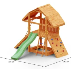 Aire De Jeux En Bois De Pin Traité Toboggan Et Mur D’Escalade Buffalo -Jardelix Soldes Magasin dimensions aire jeux bois toboggan mur escalade