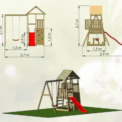 Aire De Jeux En Bois Brut Portique Balançoire Et Toboggan – 7,8 M² -Jardelix Soldes Magasin dimensions tour jeux bois portique balancoire
