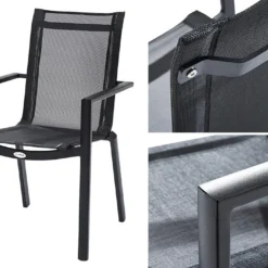 Salon De Jardin HPL Star Noir : Table Extensible Alu + 6 Fauteuils -Jardelix Soldes Magasin fauteuil aluminium textilene salon de jardin 6 10 personnes hpl