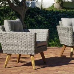 Hevea Salon De Jardin En Bois D’acacia Et Résine Tressée Meridien – 5 Places -Jardelix Soldes Magasin fauteuils de salon de jardin resine tressee