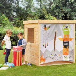 Cabane Enfant En Bois Soulet Avec Tissu Imprimé – Rideau -Jardelix Soldes Magasin maisonnette jardin bois enfant indien soulet