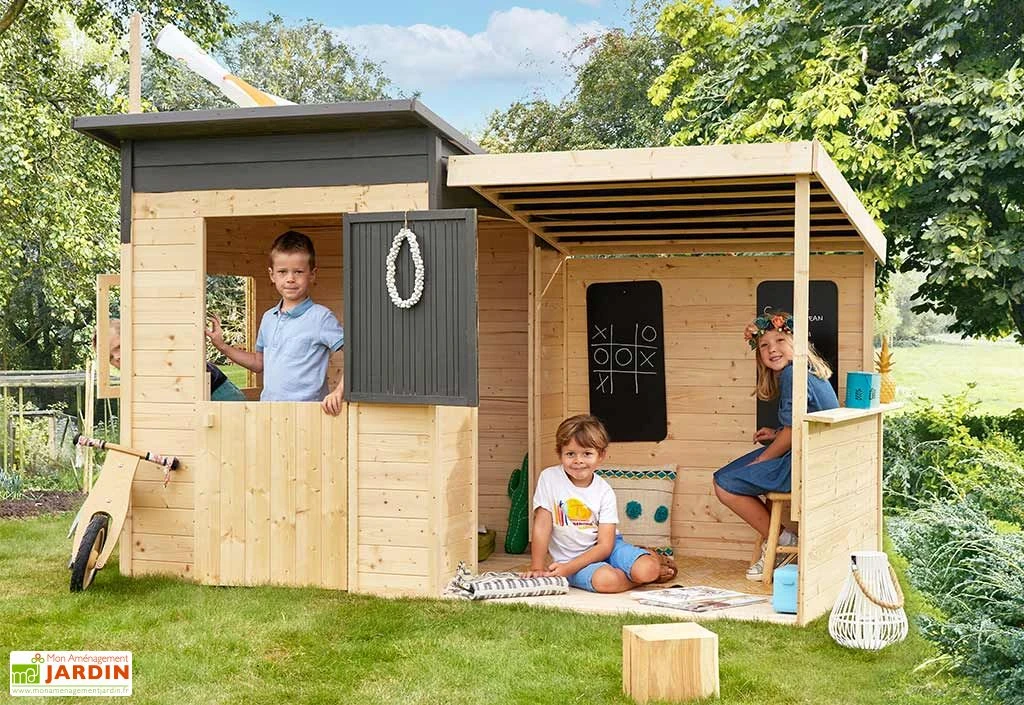 Maisonnette Pour Enfant En Bois Brut Avec Auvent – San Diego 3 Maisonnette Pour Enfant En Bois Brut Avec Auvent – San Diego