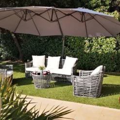 Parasol Déporté 3 Têtes 4,6 M En Aluminium Et Toile Grise - Deporwide -Jardelix Soldes Magasin parasol deporte aluminium grande toile grise 460cm 1
