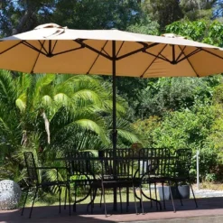 Parasol Rectangulaire 3 Têtes 4,6 M En Aluminium Et Toile Taupe - Wide -Jardelix Soldes Magasin parasol droit 3 tetes aluminium toile polyester taupe 465cm 5