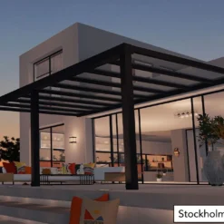 Pergola Adossée Aluminium Gris Et Polycarbonate - Stockholm 3,4 M + Stores -Jardelix Soldes Magasin pergola alu polycarbonate stockholm palram 20m2 1