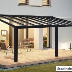 Pergola Adossée Aluminium Gris Et Polycarbonate - Stockholm 3,4 M + Stores -Jardelix Soldes Magasin pergola alu polycarbonate stockholm palram 22m2 1