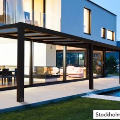 Pergola Adossée Aluminium Gris Et Polycarbonate - Stockholm 3,4 M + Stores -Jardelix Soldes Magasin pergola alu polycarbonate stockholm palram 32m2 1