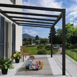 Pergola Aluminium Gris Et Polycarbonate - Stockholm | Palram – Canopia -Jardelix Soldes Magasin pergola aluminium adossee stockholm canopia palram