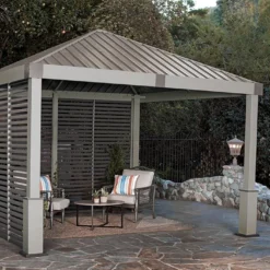 Pergola Autoportée En Aluminium Avec Brise-vues En Lames 13 M² – Nanda -Jardelix Soldes Magasin pergola aluminium gris parois lames orientables sojag nanda