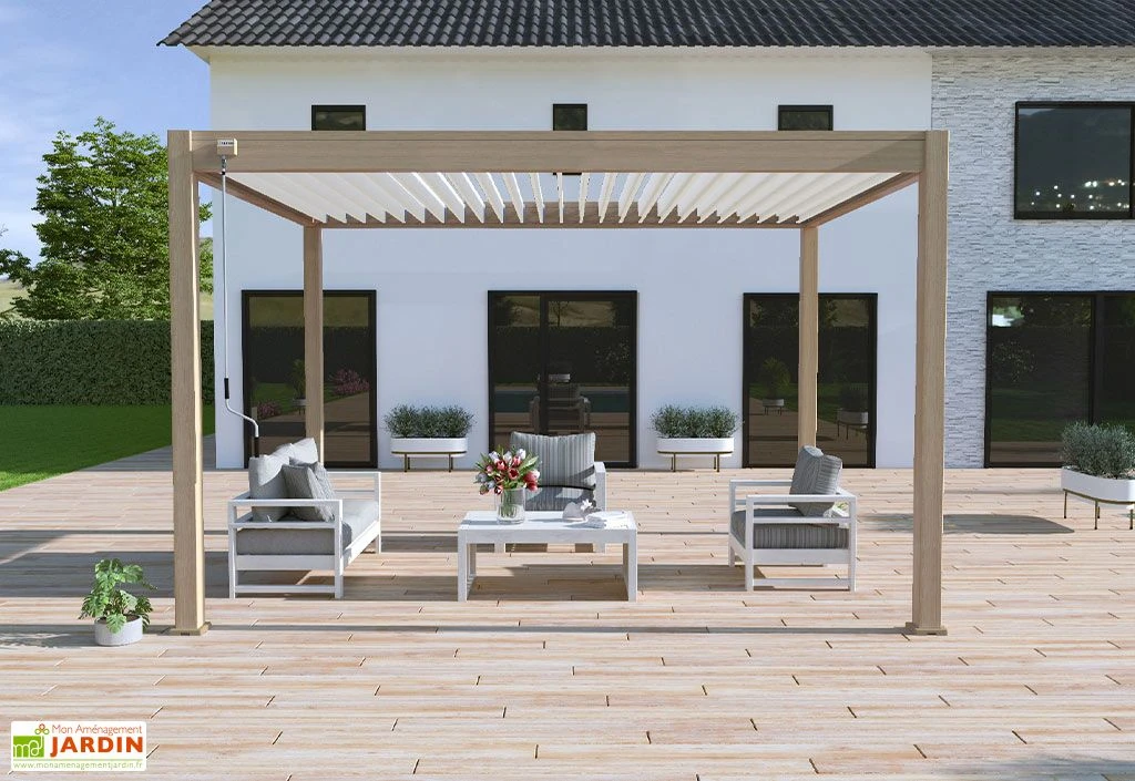 Pergola Bioclimatique Ombréa En Aluminium 3 X 4 M Autoportée - Imitation Bois 3 Pergola Bioclimatique Ombréa En Aluminium 3 X 4 M Autoportée - Imitation Bois