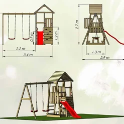 Aire De Jeux En Bois Non Traité Avec Portique Double Et Toboggan - 9,8 M² -Jardelix Soldes Magasin plan aire jeux bois wendi toys 1 1
