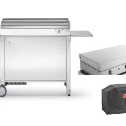 Plancha électrique 3120 W En Inox Avec Couvercle Amovible + Chariot Fermé Et Housse De Protection
