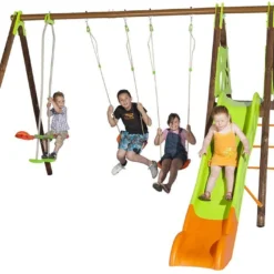 Portique Balançoires + Toboggan Bois Et Métal Akeo -Jardelix Soldes Magasin portique aire de jeux bois acier akeo 8