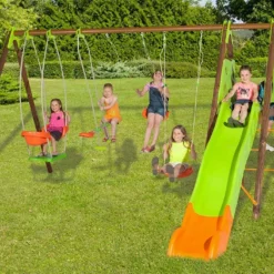 Portique Balançoires + Toboggan Bois Et Métal Helio