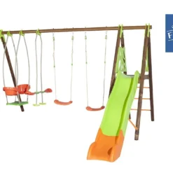 Portique Balançoires + Toboggan Bois Et Métal Helio -Jardelix Soldes Magasin portique aire de jeux bois acier helio 1