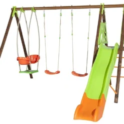 Portique Balançoires + Toboggan Bois Et Métal Zambo