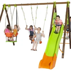 Portique Balançoires + Toboggan Bois Et Métal Zambo -Jardelix Soldes Magasin portique aire de jeux bois acier zambo 7