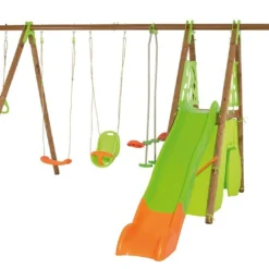 Portique Balançoires + Toboggan + Cabane Bois Et Métal Legato