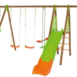 Portique Balançoires + Toboggan Bois Et Métal Octavo