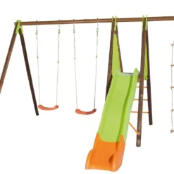 Portique Balançoires + Toboggan Bois Et Métal Xalto