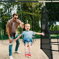 Axi Portique Balançoires En Acier Et Filet D’escalade – 287 X 191 X 190 Cm -Jardelix Soldes Magasin portique balancoires enfant filet escalade