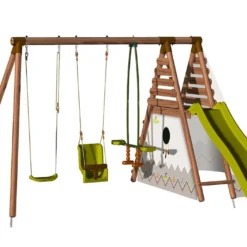 Portique En Bois Pour 7 Enfants Toboggan+ Tipi + 3 Agrès – Camélia