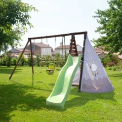 Portique En Bois Pour 7 Enfants Toboggan+ Tipi + 3 Agrès – Camélia -Jardelix Soldes Magasin portique camelia toboggan tipi agre s 3