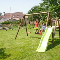 Portique Bois Avec Toboggan + 2 Balançoires + 1 Face-à-face – Figue -Jardelix Soldes Magasin portique figue toboggan 2 balancoire 2