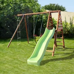 Portique En Bois Pour 5 Enfants Toboggan + 3 Agrès – Lavande -Jardelix Soldes Magasin portique lavande toboggan 3 agre s balancelle 2