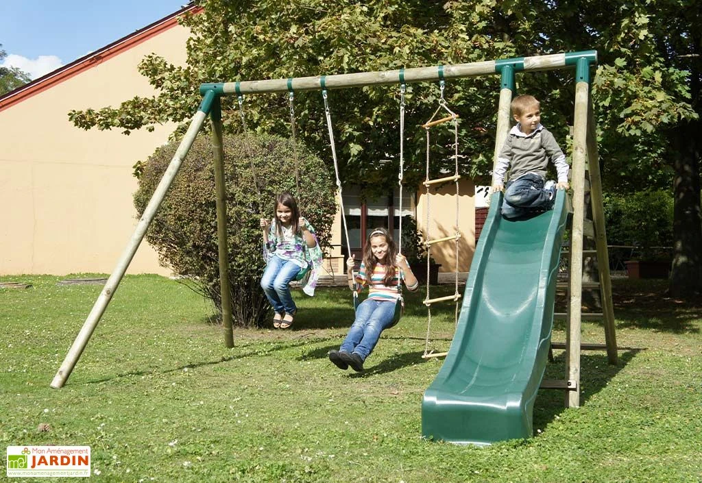Portique Toboggan Et Balançoires En Bois Navajos 2,30 M 3 Portique Toboggan Et Balançoires En Bois Navajos 2,30 M