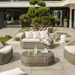 Salon De Jardin Résine Tressée 1/2 Ronde Grise Isa 4 Pièces