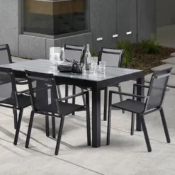 Salon De Jardin HPL Star Noir : Table Extensible Alu + 6 Fauteuils