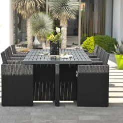 Salon De Jardin Résine Tressée Encastrable Noir : 1 Table + 8 Fts