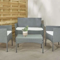 Salon De Jardin 4 Places En Aluminium Et Résine Tressée - Barcelone -Jardelix Soldes Magasin salon jardin 4 places resine tressee barcelone gris