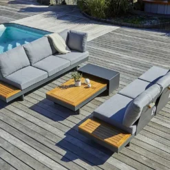 Salon De Jardin 6 Places En Aluminium Et Acacia - Vanuatu -Jardelix Soldes Magasin salon jardin 6 places aluminium bois