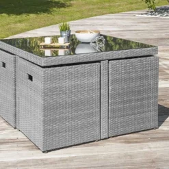 Salon De Jardin En Résine Tressée Encastrable Gris : 1 Table + 4 Fts -Jardelix Soldes Magasin salon jardin acier resine tressee grise 4places encastrable 1
